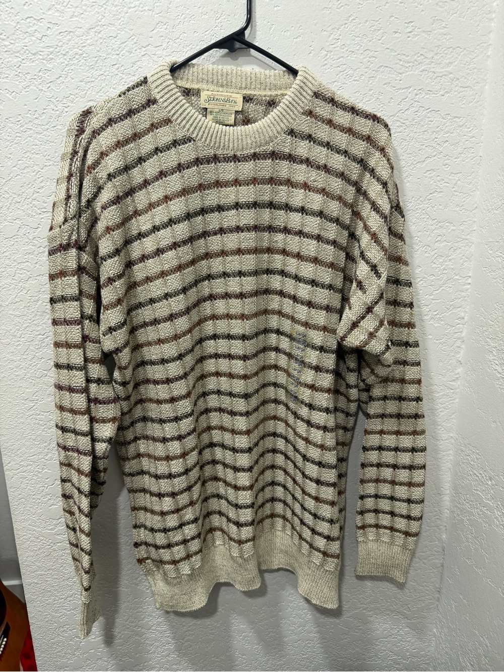 St. John's Bay Cream Plaid Crewneck Sweater with Brown & Gray Stripes